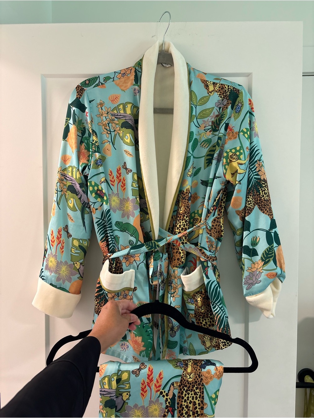 Silky Printed Satin Robe Jacket with Cream Trim - Floral & Leopard